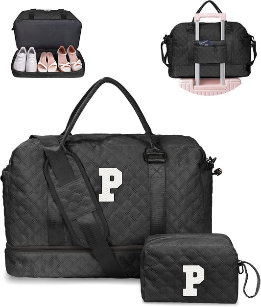 Gifts for Grandma-Initial Duffle Bag with Shoe Compartment, Personalized Weekender Bag, Monogram Overnight Bag, Letter Travel Bag with Makeup Bag，Daughter Friend Gifts (Letter P), Black
