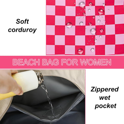 LEDAOU Large Beach Tote Bag Women Waterproof Sandproof Zipper Beach Tote Bag for Pool Gym Grocery Travel with Wet Pocket