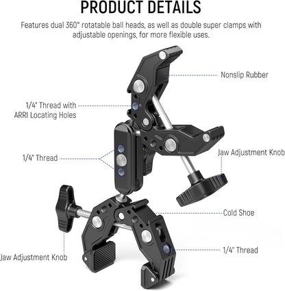 NEEWER Double Super Clamp Camera Mount with Magic Arm, Cold Shoes for Desk Studio Light Stand Holder Photography Reflector, Flag, Cross Bars, Motorcycle, Umbrella, Pole Stick Shoot Accessories Tools
