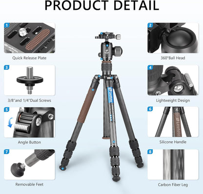 Carbon Fiber Lightweight Travel Tripod with 360° Ball Head, Removable Center Column, Folded Height 37cm, Weight 1.12kg, Maximum Load 8KG（LX-224CT+XB-32Q）