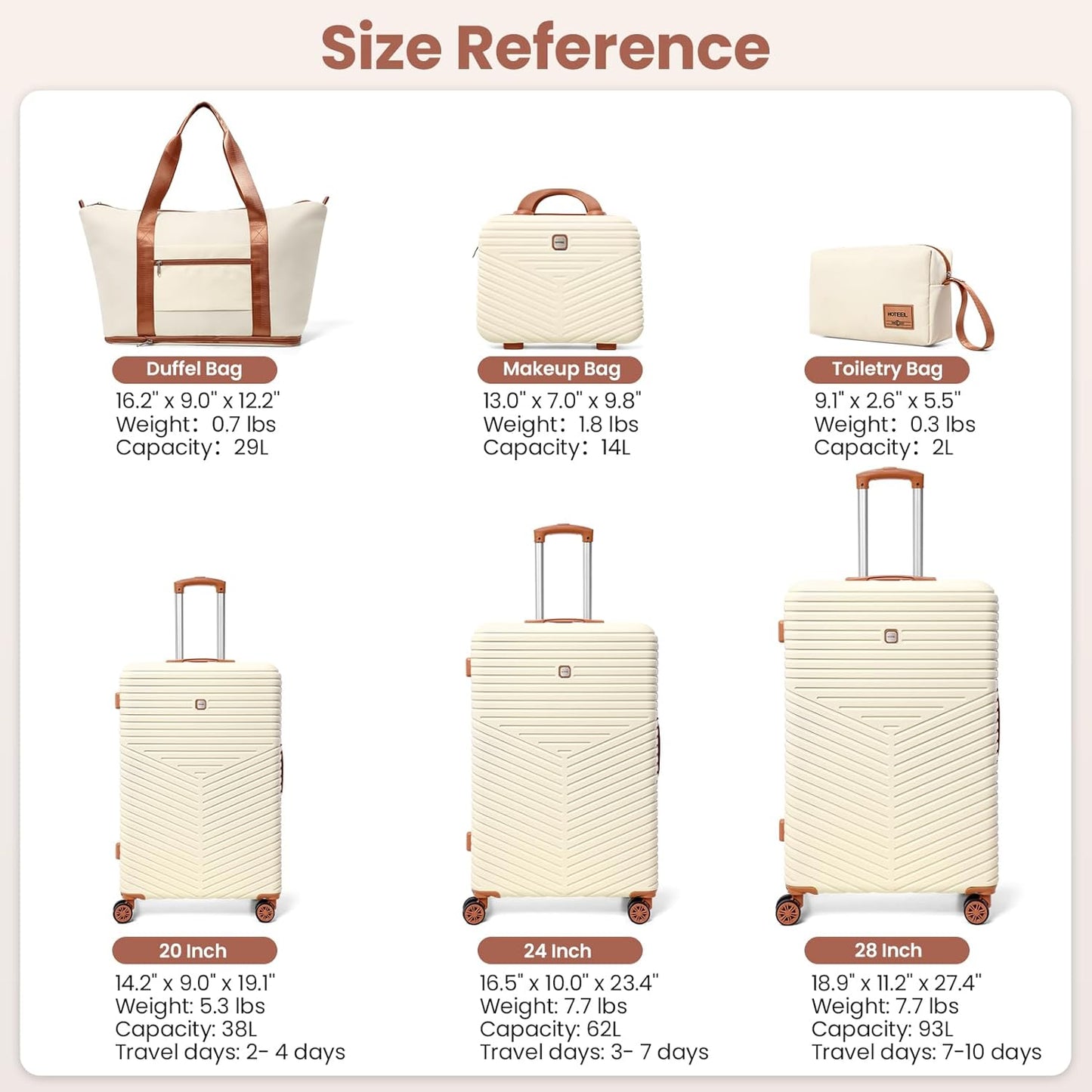 Hoteel 6 Piece Luggage Set (4-YEAR WARRANTY) Carry on ABS+PC Hard Shell Suitcase with Spinner Wheels & TSA Lock (Beige)