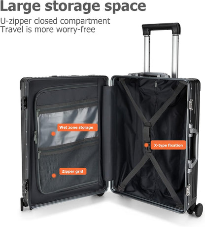 feilario 24in Aluminium Frame PC Hard Shell Spinner Wheels Luggage, Built-In TSA lock Carry on Suitcase, with Cup Holder, USB Port, Phone Holder