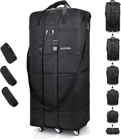 Expandable Foldable Luggage, 42'' Suitcase With Spinner Wheels, Rolling Duffle Bag with Wheels and Handle, Collapsible Luggage With 2 Handle Wrap and 2Fixing Straps1Shoulder Strap (Jet Black)