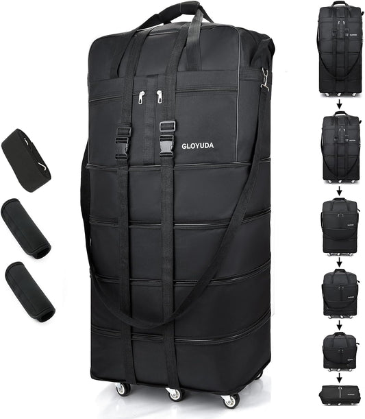 Expandable Foldable Luggage, 42'' Suitcase With Spinner Wheels, Rolling Duffle Bag with Wheels and Handle, Collapsible Luggage With 2 Handle Wrap and 2Fixing Straps1Shoulder Strap (Jet Black)