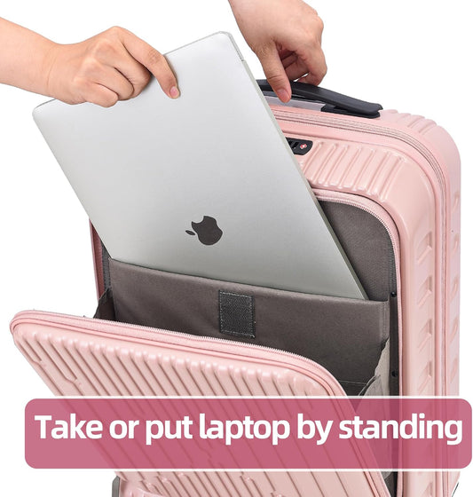 19 Inch Suitcase Hand Luggage with Front Pocket for 15.6" Laptop, 35 * 23 * 55cm, 43L, Ligthweight ABS+PC Hardshell Carry On, TSA Lock & YKK Zippers with HINOMOTO 360° Wheels, Pink