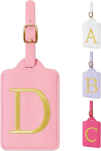 Personalized Initial Luggage Tags for Suitcase, Pink Leather Cute Luggage Tags with Privacy Cover Name Card, Embroidered Custom Monogrammed Luggage Tag Travel Bag Baggage Tags Gifts for Women Kids(D)
