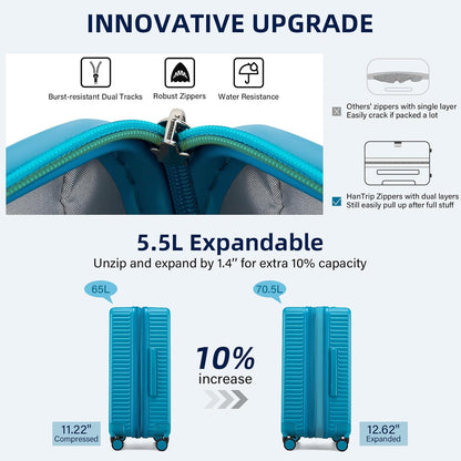 Hard Shell Suitcases Travel Expandable Luggage, 24 Inch Check in Luggage with Spinner Wheels Cup Holder Charger Built in, Checked Medium Suitcase Lightweight Suitcases, Caribbean Blue