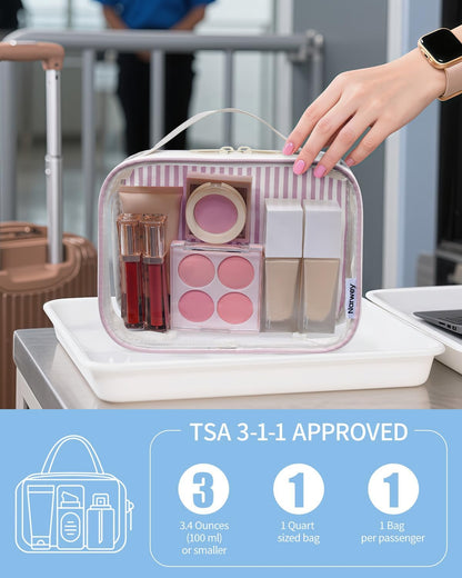 Narwey TSA Approved Clear Toiletry Bag for Travel, Waterproof PVC Clear Makeup Bags, Portable Compact Cosmetic Bag Make Up Organizer, Airport Airline Quart Size Compliant Bag (Dusty Pink Stripe)