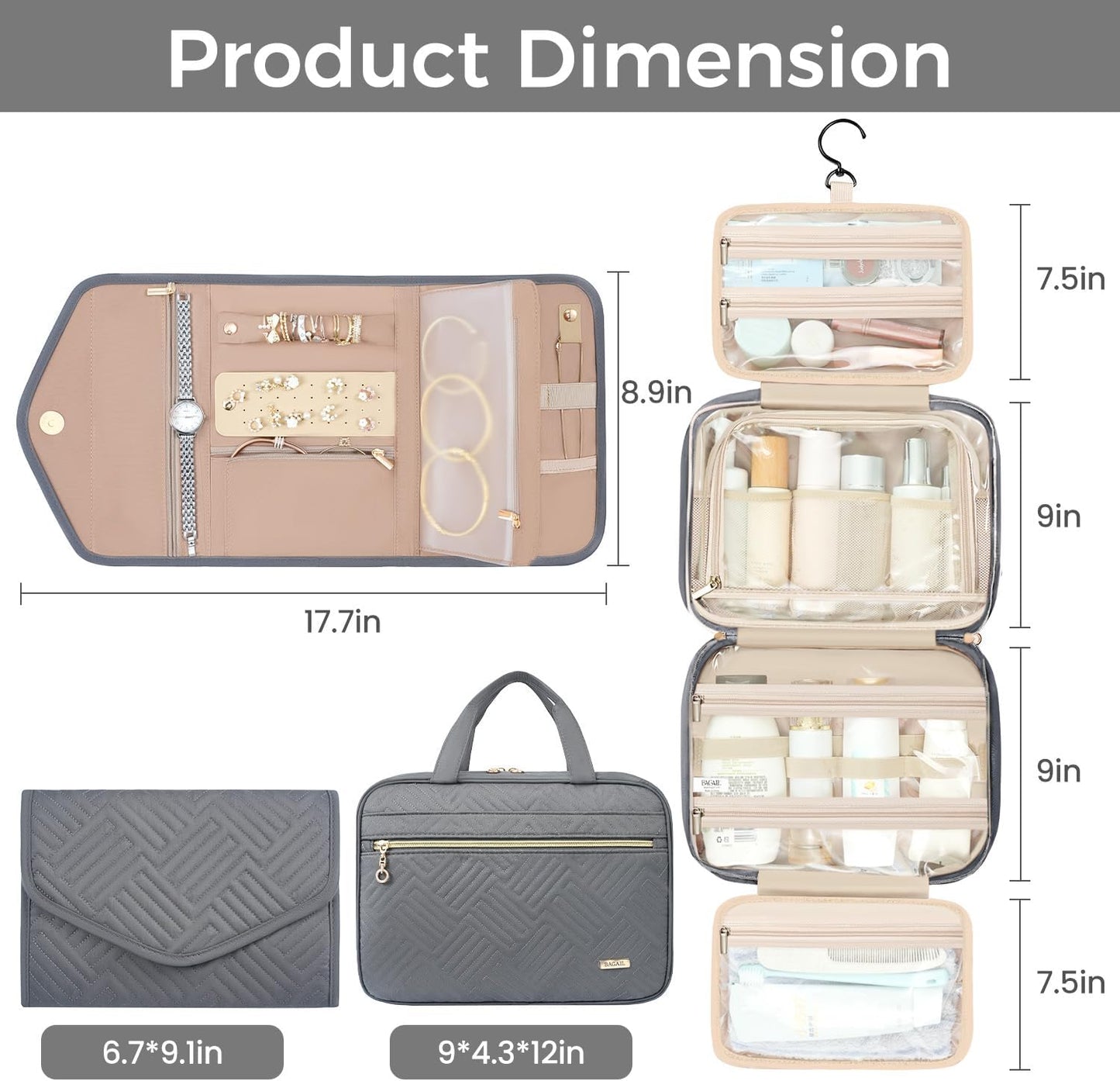 BAGAIL Hanging Toiletry Bag for Women Water-resistant Cosmetic Bag Large Capacity Travel Makeup Organizer for Full-Sized Travel Essentials(Classic+Jewelry Bag, Grey)