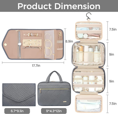 BAGAIL Hanging Toiletry Bag for Women Water-resistant Cosmetic Bag Large Capacity Travel Makeup Organizer for Full-Sized Travel Essentials(Classic+Jewelry Bag, Grey)