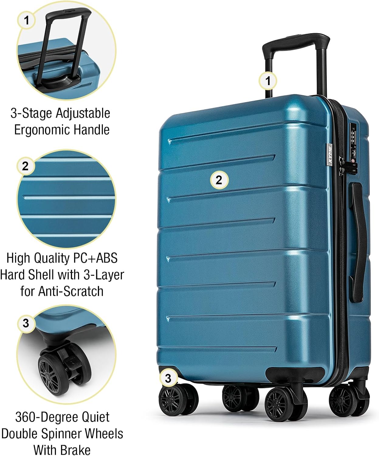 KYME Luggage Sets 3 Piece Hardshell 22in/26in/30in Suitcases with Spinner Wheels Hardside Suitcase Sets with TSA Lock Travel Rolling Luggage Set for Women Men Blue