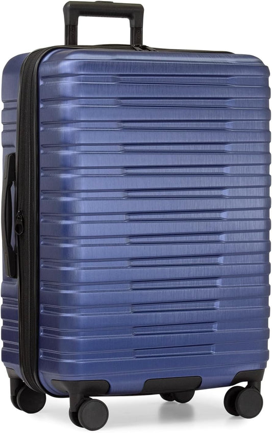 U.S. Traveler Boren Polycarbonate Hardside Rugged Travel Suitcase Luggage with 8 Spinner Wheels, Aluminum Handle, Navy, Checked-Medium 26-Inch