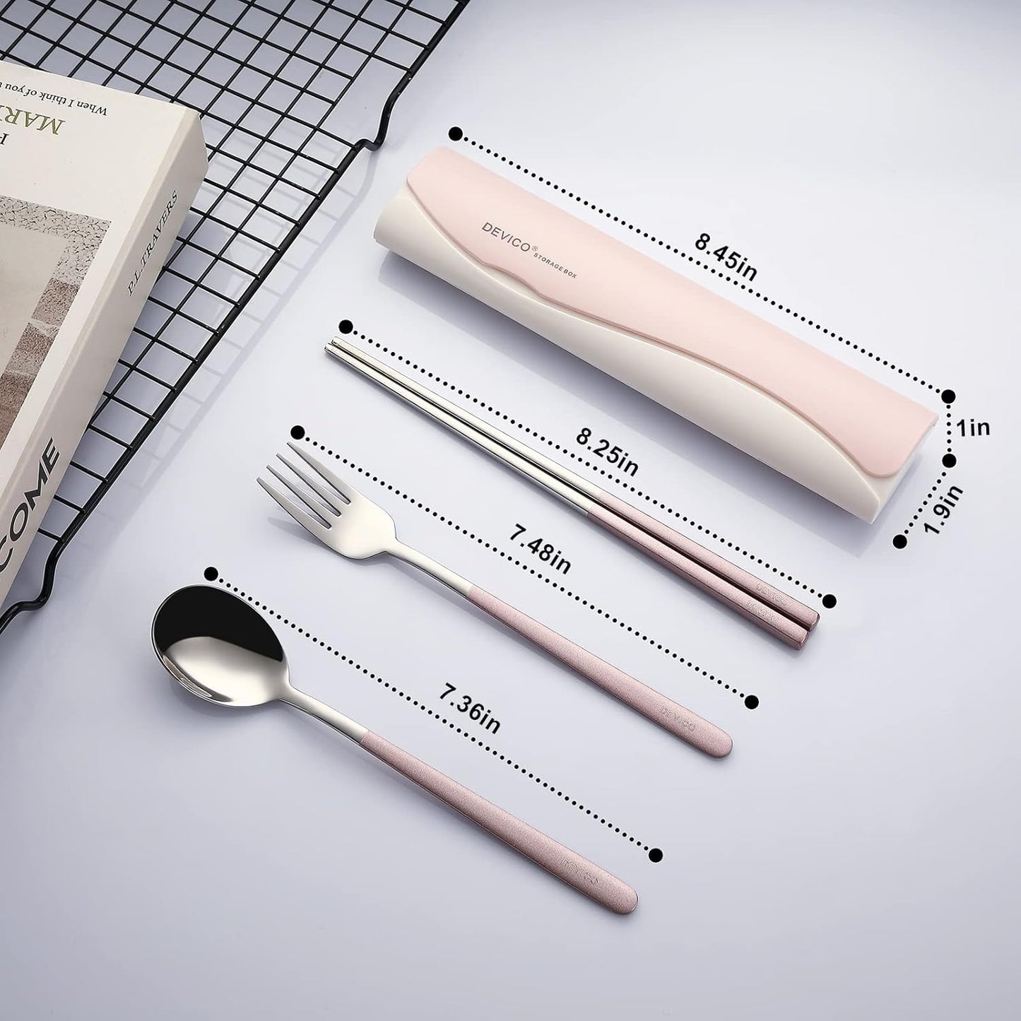 DEVICO Portable Travel Utensils with Case, Reusable Camping Silverware for Lunch, 18/8 Stainless Steel Cutlery Set (Pink)