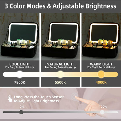 15“×11“Professional Makeup Train Case,Large Waterproof Travel Makeup bag with Mirror and Light, Leather Black Make up Bag with Mirror and Light,Led Makeup Case with Adjustable Dividers