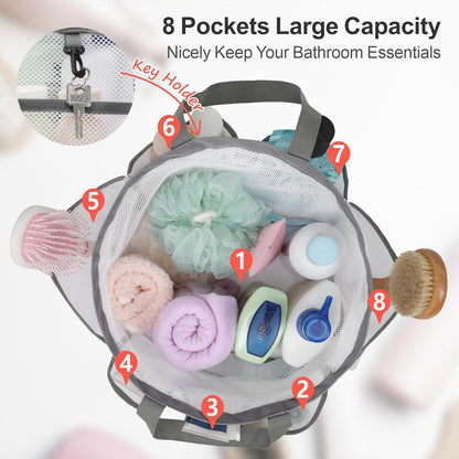 F-color Mesh Shower Caddy Portable with Drawstring - Upgrade Deeper 7 Pockets Dorm Room Essentials for Guys Girls with S Hook, Shower Bag Basket Tote for College Camping Toiletry Bathroom, White