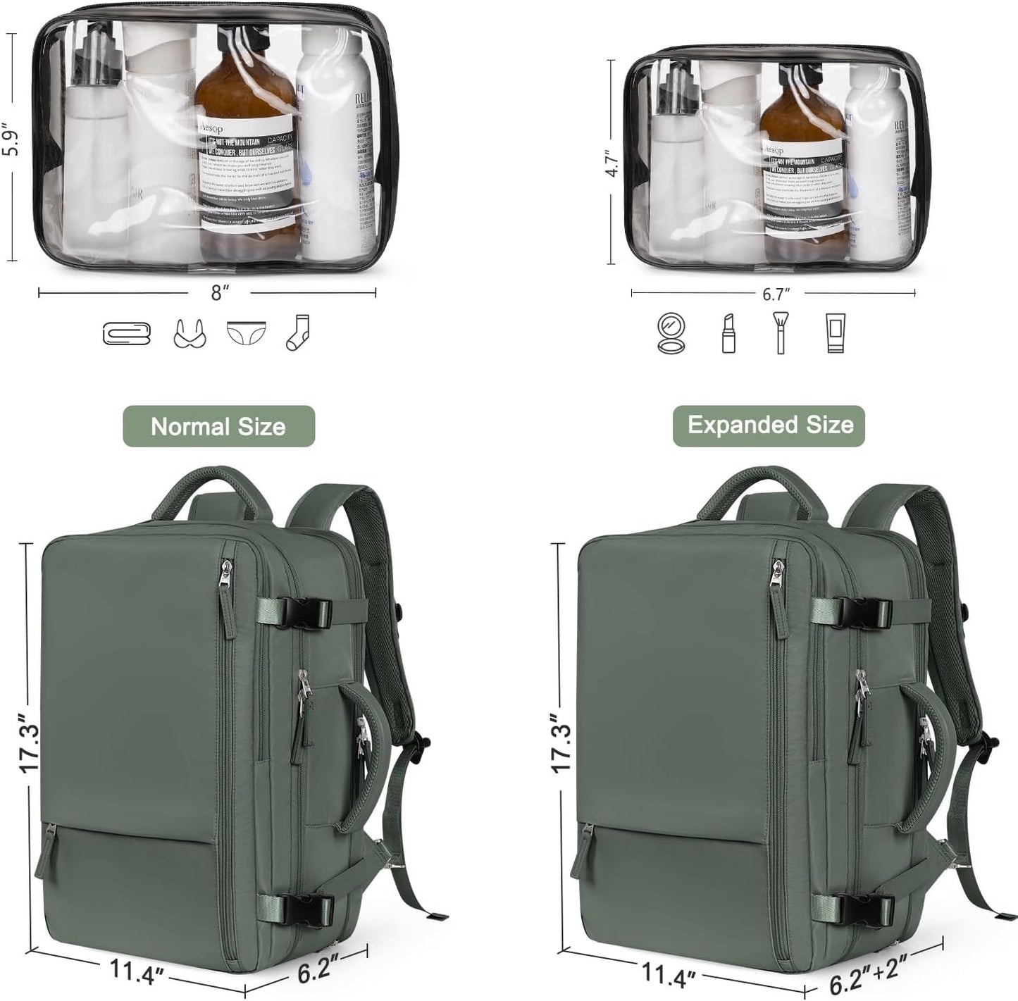 Hanples Extra Large Travel Backpack for Women as Person Item Flight Approved, 40L Carry On Backpack, 17 Inch Laptop Waterproof Hiking Casual Bag(Olive Green)