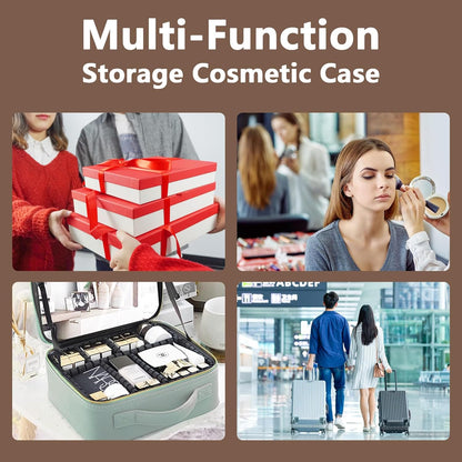 Travel Makeup Bag with LED Lighted Mirror, Travel Makeup Organizer,3 Color Setting Cosmetic Makeup Box, Adjustable Dividers and Brush Holder（Mocha）