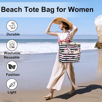 LEDAOU Large Beach Tote Bag Women Waterproof Sandproof Zipper Beach Tote Bag for Pool Gym Grocery Travel with Wet Pocket
