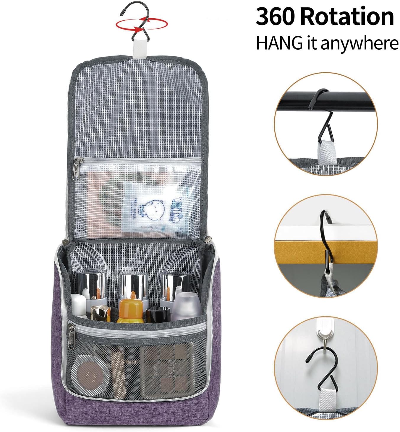 Della Gao Hanging Toiletry Bag for Women, Travel Toiletry Bags Makeup Bag Organizer, Water-resistant Cosmetic Bag for Essentials Accessories (Purple)