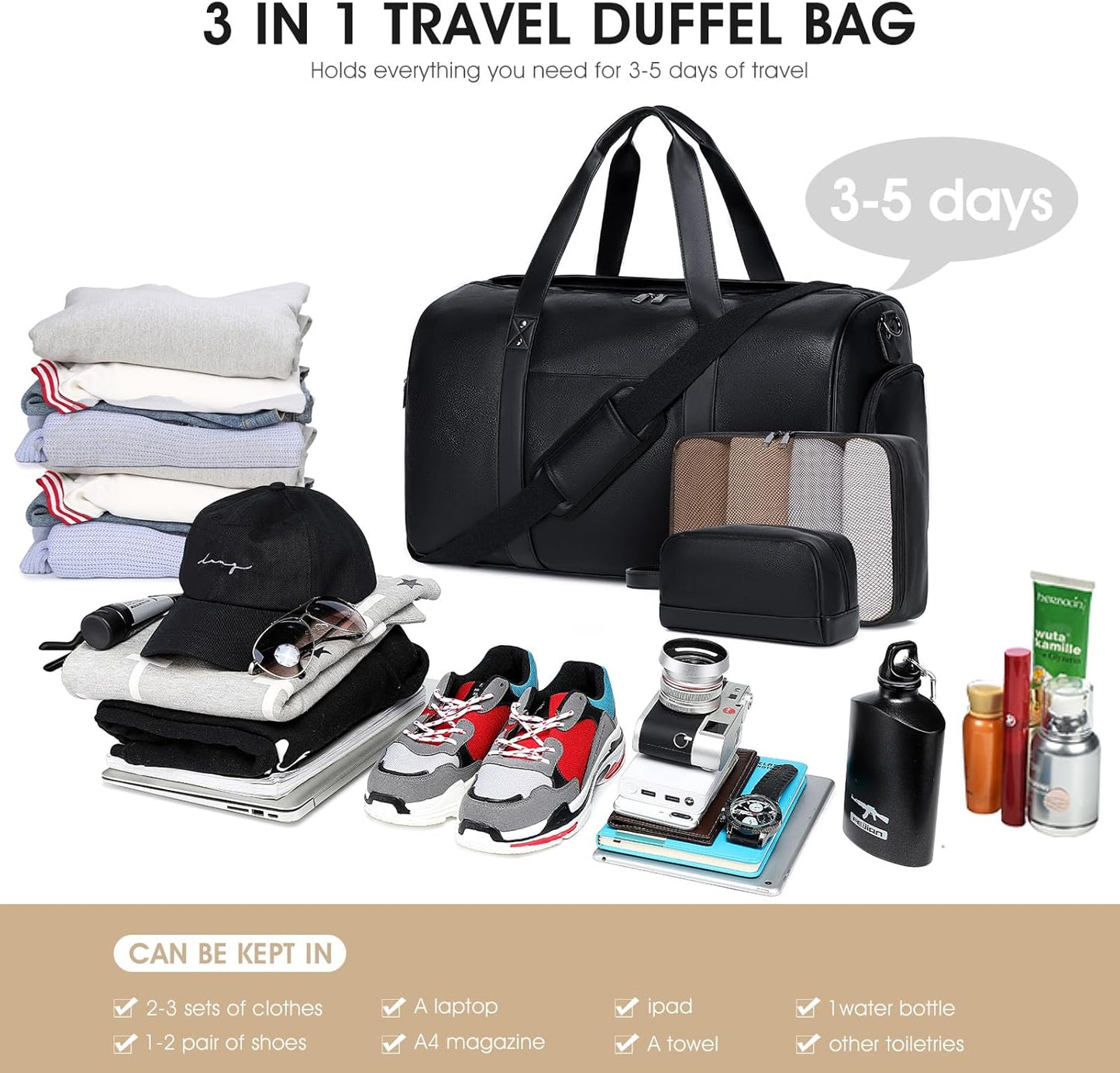 Wogarl 3PCS Leather Weekender Bag for Women Men Large Overnight Bag Travel Duffel Bag with Shoe Compartment Toiletry Packing Cube Carry On Bag Fit 21"" Laptop(Black), YT042