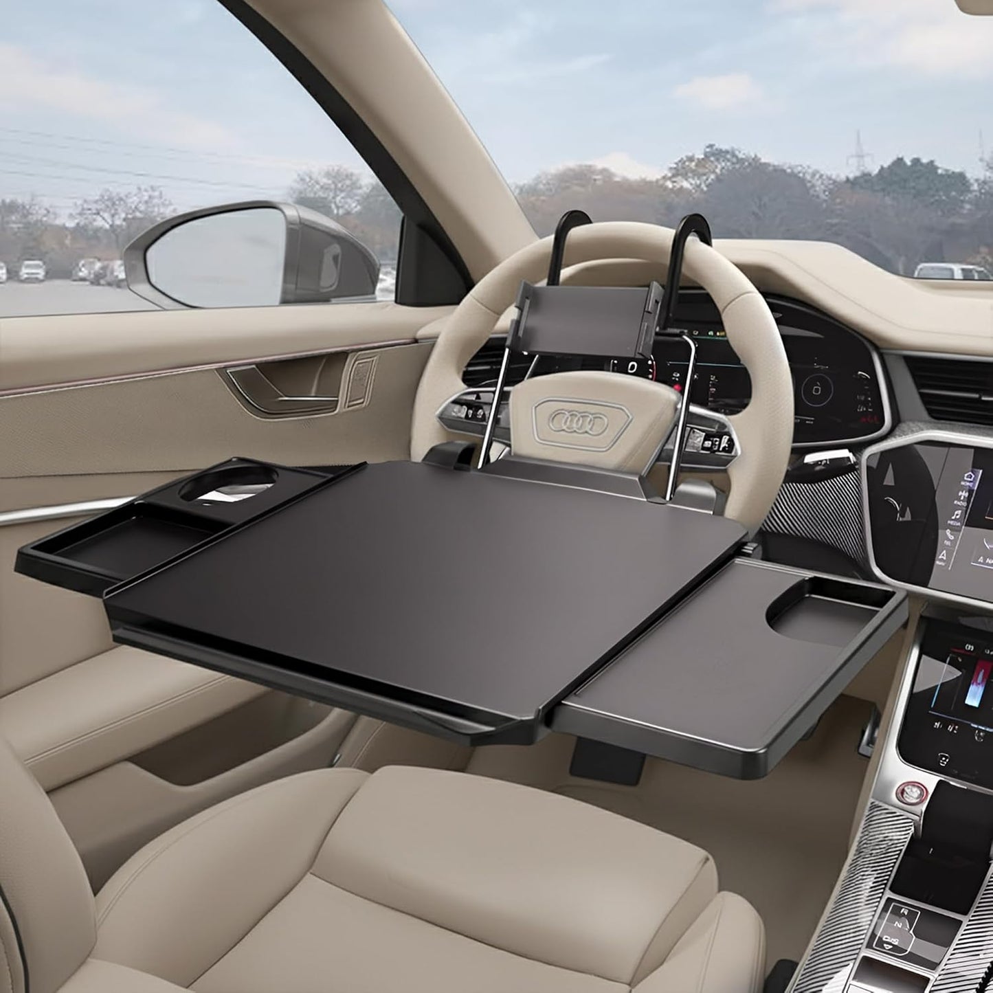 2-in-1 Car Steering Wheel Tray & Back Seat Table with Phone Holder – Height Adjustable Steering Wheel laptop desk, Food Tray , Writing Desk & Car Eating Tray - Car desk tray is Gift for Truck Driver