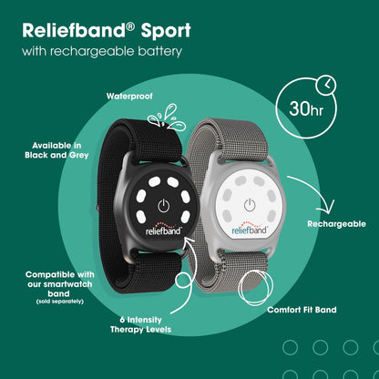 Reliefband New Sport Anti-Nausea Wristband | Waterproof | Nausea & Vomiting Relief for Motion Sickness, & Morning Sickness | Drug & Side Effect Free, Long Lasting, Fast-Acting (Grey, 1 Extra Gel Tube)
