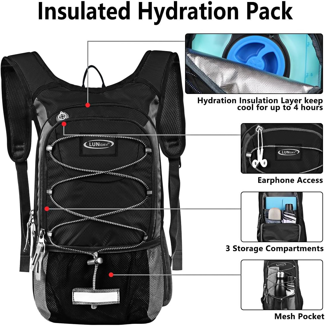 Insulated Hydration Pack Backpack with 3L BPA Free Leak-Proof Water Bladder, Keep Liquids Cool for Up to 5 Hours, Daypack for Hiking, Running, Cycling, Hunting, Climbing