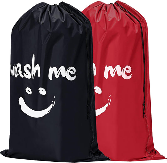 HOMEST 2 Pack XL Wash Me Travel Laundry Bag, Dirty Garments Organizer, Large Enough to Hold 4 Loads of Clothes, Easy Fit a Hamper or Clothing Basket, Black and Red