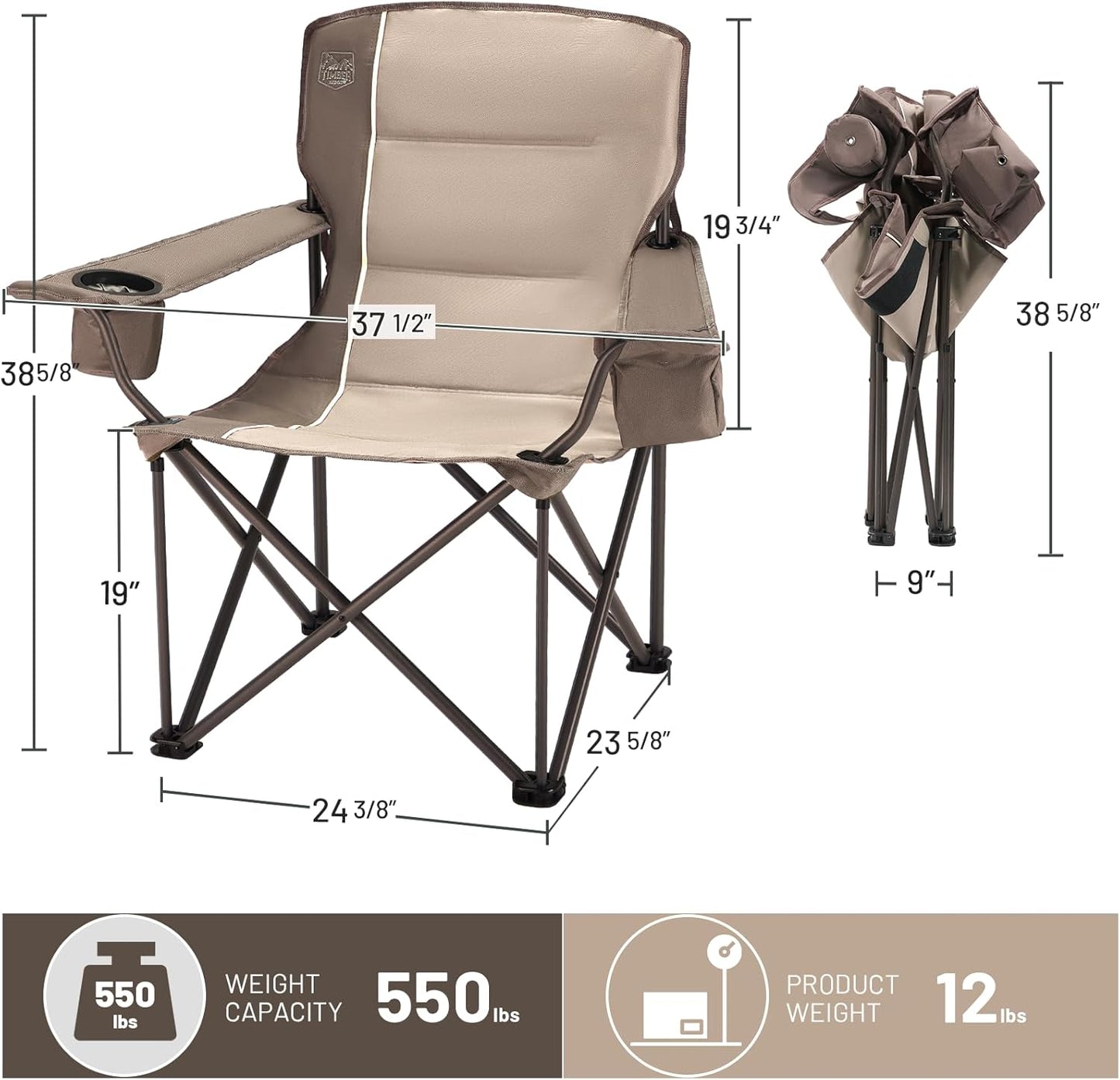 TIMBER RIDGE Oversized Folding Camping Chair for Adults, Support 550 LBS Heavy Duty with Cup Holder Side Pocket for Camp, Lawn, Picnic, Tan, 2 Pack