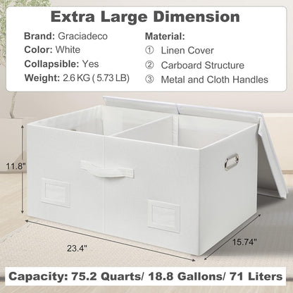 75 Quarts Extra Large Decorative Storage Bins with Lids, 1 Pack White Collapsible Storage Bins with Lids, Stackable Storage Bins Decorative Box Storage With Lid Extra Large
