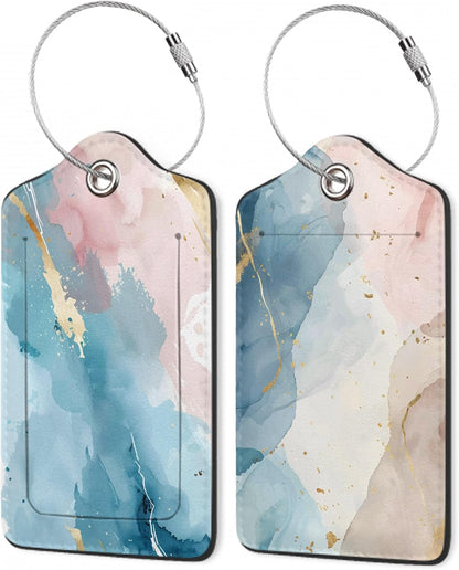 Luggage Tags for Suitcase,Abstract Colorful Marble Texture Luggage Tags of Set 2 Leather Identifiers Privacy Cover with Stainless Steel Loop for Women Men Travel Bag Suitcase