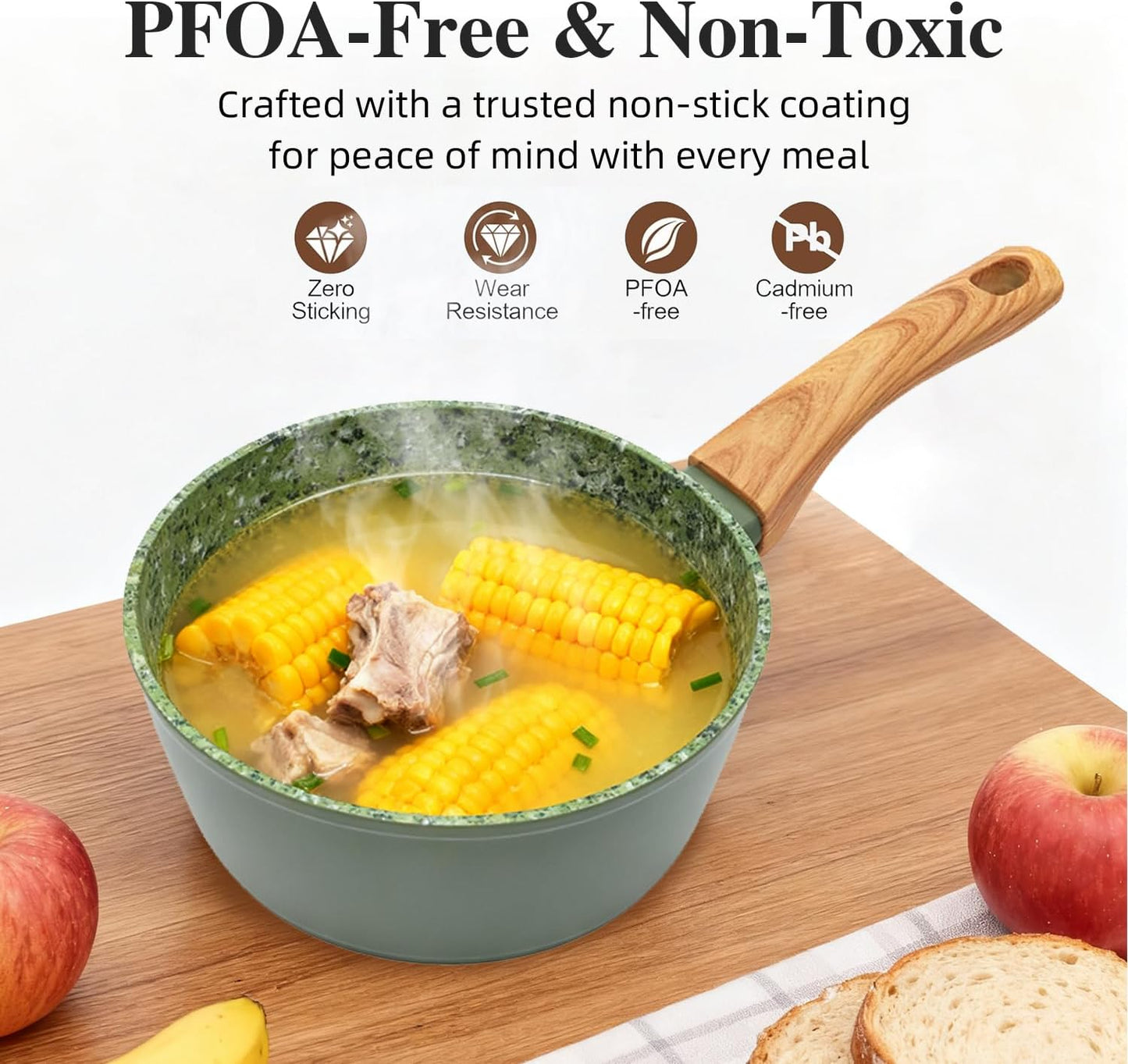 3-Piece Nonstick Pots and Pans Set with Lids, Includes 10.25 Inch Frying Pan 1.5Qt Saucepan and 2.2Qt Stock Pot, PFOA Free Dishwasher Safe Induction Compatible Family Cookware, Green