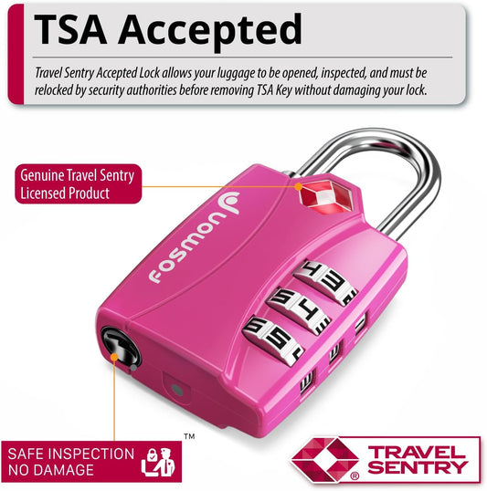 Fosmon TSA Approved Pink Locks for Luggage. Cute Locker Suitcase Lock with Open Alert Indicator, 3 Digit Combination Padlock with Alloy Body for Travel, Backpack Zipper Anti Theft, Gym, Women- 2 Pack