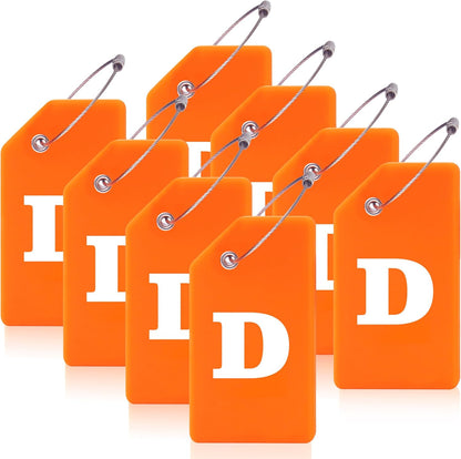 8 Pcs Luggage Tags for Suitcases, 26 Initial Letter Travel Luggage Baggage Identification Labels ID Tags Fully Bendable Tags with Stainless Steel Loop (Letter D, Orange)