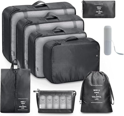 9 Set Packing Cubes for Suitcases, Aydicon Travel Luggage Packing Organizers with Laundry, Toiletry Bag, Compression Storage Shoe Bag, Toothbrush Case, Travel Essentials (Black)