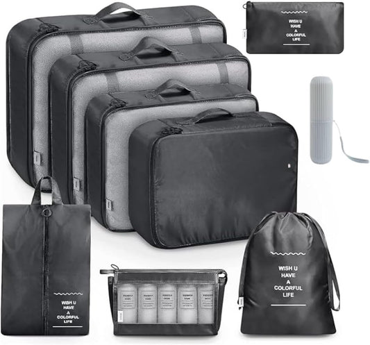 9 Set Packing Cubes for Suitcases, Aydicon Travel Luggage Packing Organizers with Laundry, Toiletry Bag, Compression Storage Shoe Bag, Toothbrush Case, Travel Essentials (Black)