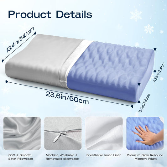 Memory Foam Pillows for Sleeping - Cervical Neck Ergonomic Pillow, Orthopedic Pillow for Neck and Shoulder Pain, Adjustable Cooling Contour Pillow (Grey, Queen)