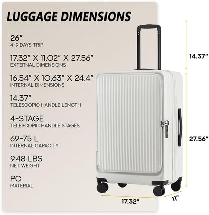26 Inch Top Opening Checked Travel Luggage Expandable with Spinner Wheels,All PC Hard Shell Hardside Lightweight Medium Suitcase with TSA Approved Cup Holder for Business Trips Woman Men,White
