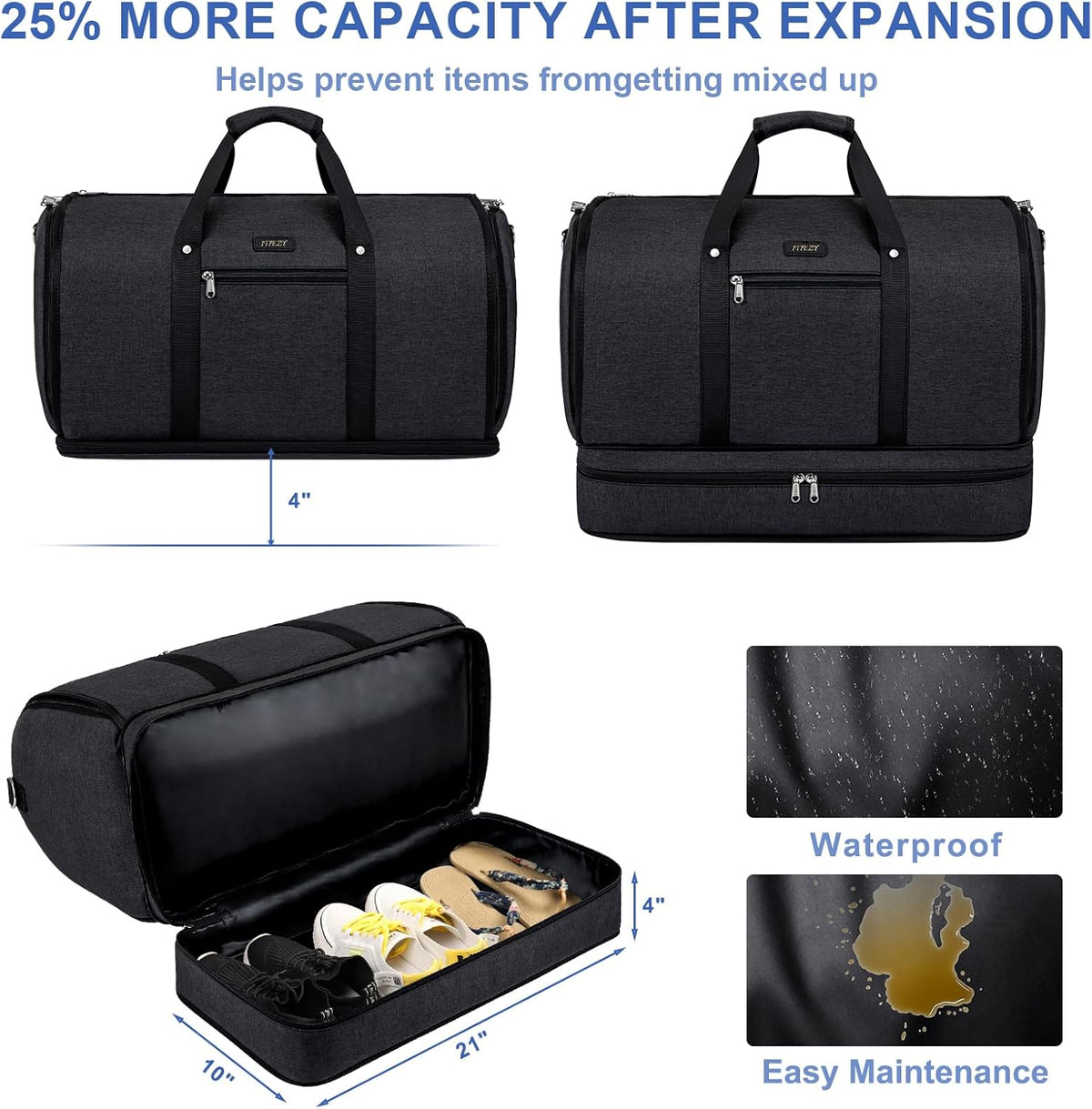 Garment Duffle Bag for Travel - Convertible Carry on Garments Duffel Bags Travel Bag for Women Men Large Weekender Bag with Shoes Compartment 3 in 1 Hanging Clothes Suit Dress Bag 3pcs Set