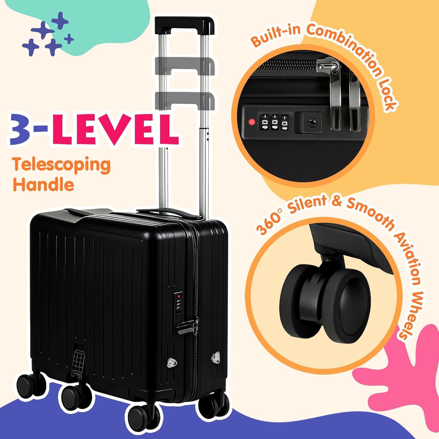 Kids Ride-On Luggage, 20" Hardshell Carry-On Suitcase with 6 Spinner Wheels, Foldable Pedal, Hidden Cup Holder & Combination Lock for Toddlers & Children (Black, 20-inch)