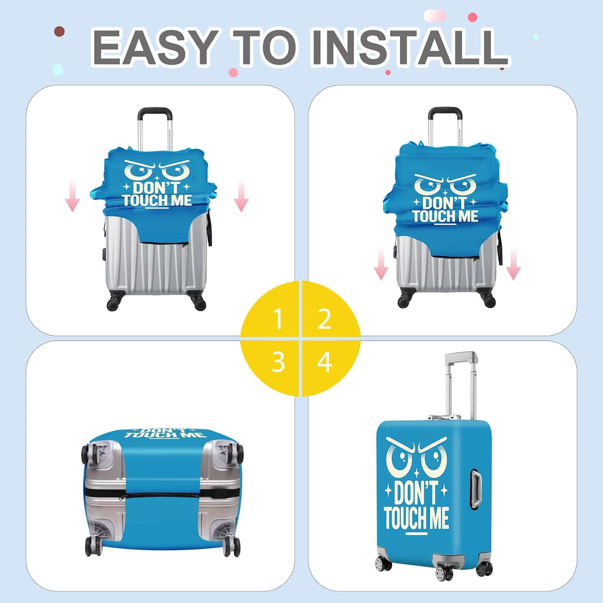 ANNA QUEEN Funny “Don’t Touch Me” Luggage Cover, Bold Blue Suitcase Protector with Angry Eyes Design, Stretchable, Washable Travel Cover for 28-30 Inch Luggage