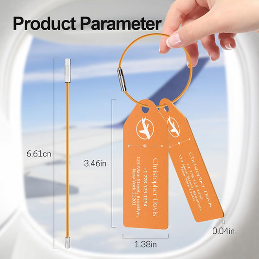 4 PCS Personalized Metal Luggage Tag – Personalized Engraved Suitcase Tag, Backpack Tag, with Matching Color Strap, Waterproof Suitcase Name Badge – Ideal Corporate Gift & Travel Accessory (Orange)