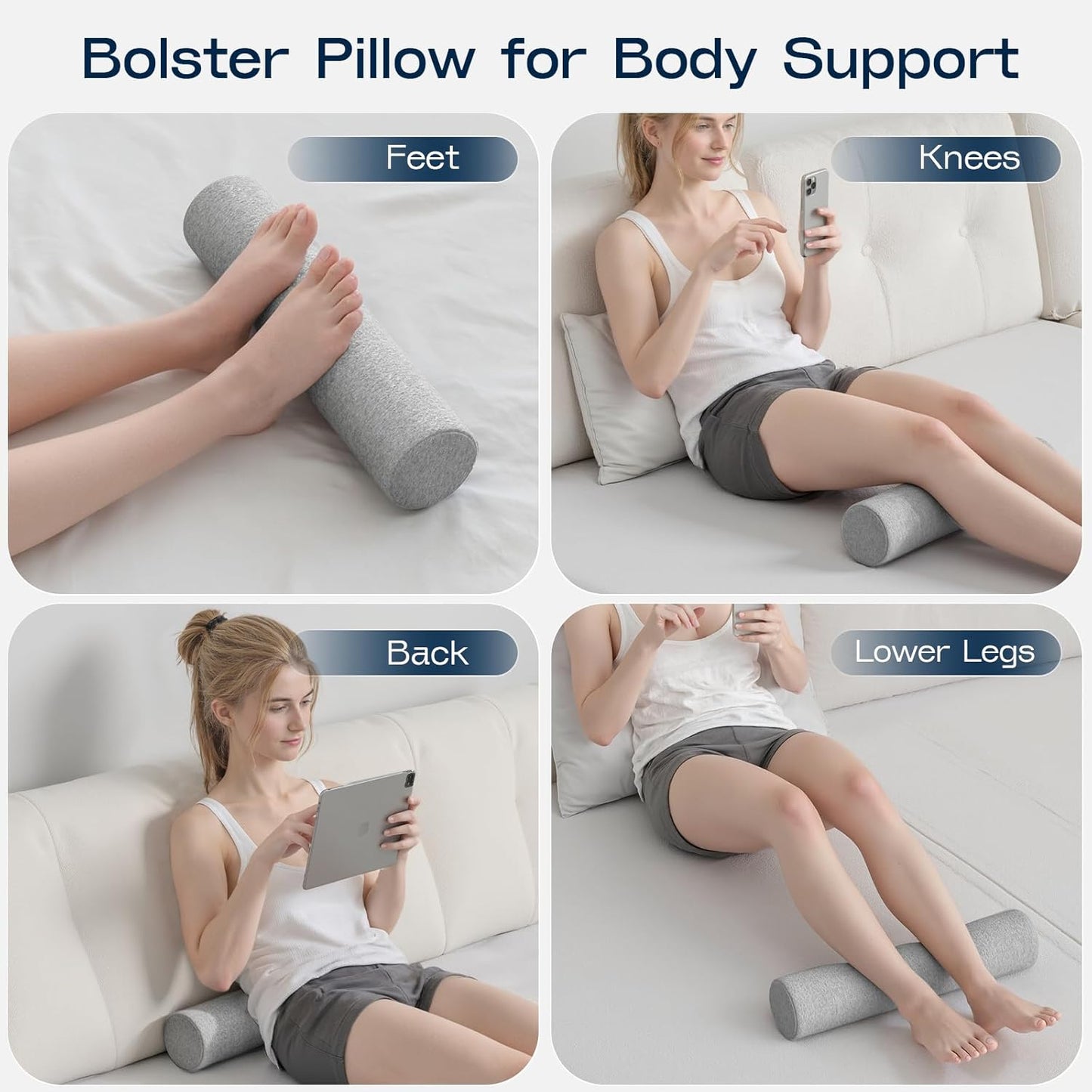 Neck Roll Pillow, Memory Foam Neck Support Pillows, Round Neck Pillows, Cylinder Bolster Pillows for Bed, Couch, and Yoga, Removable Washable Cover,18 * 4 * 4 inch (Grey)