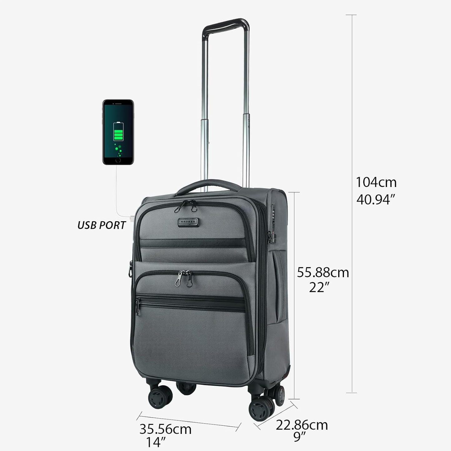 KROSER Softside Expandable Carry On Luggage with Spinner Wheels & Built-in TSA Lock, Durable Suitcase Rolling Luggage with USB Port, Carry-On 20-Inch, Grey