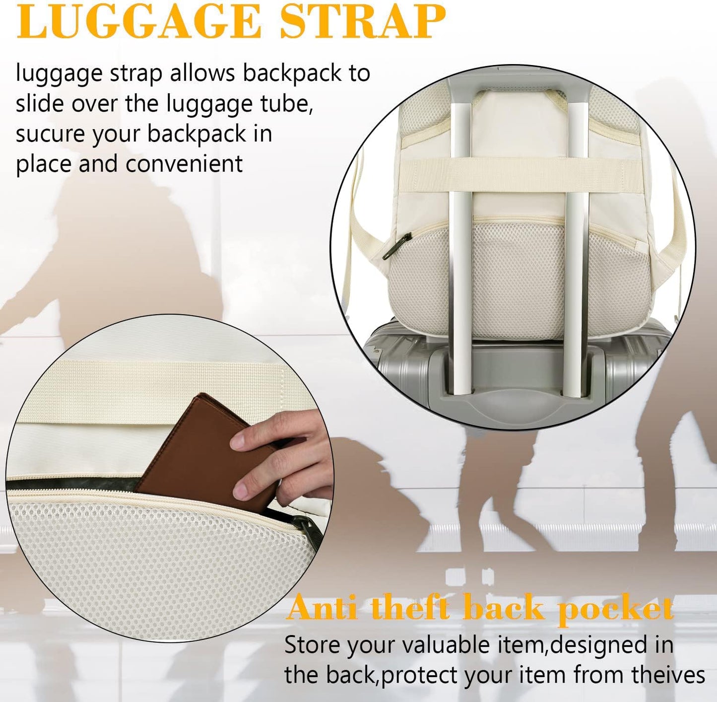 MATEIN Beige Laptop Backpack 15.6 Inch, Lightweight Sturdy Bag for College Supplies with USB Charging Port, Water Resistant Anti Theft Travel Computer Daypack Fashion Work Nurse Bag Gift for Women