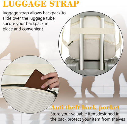 MATEIN Beige Laptop Backpack 15.6 Inch, Lightweight Sturdy Bag for College Supplies with USB Charging Port, Water Resistant Anti Theft Travel Computer Daypack Fashion Work Nurse Bag Gift for Women