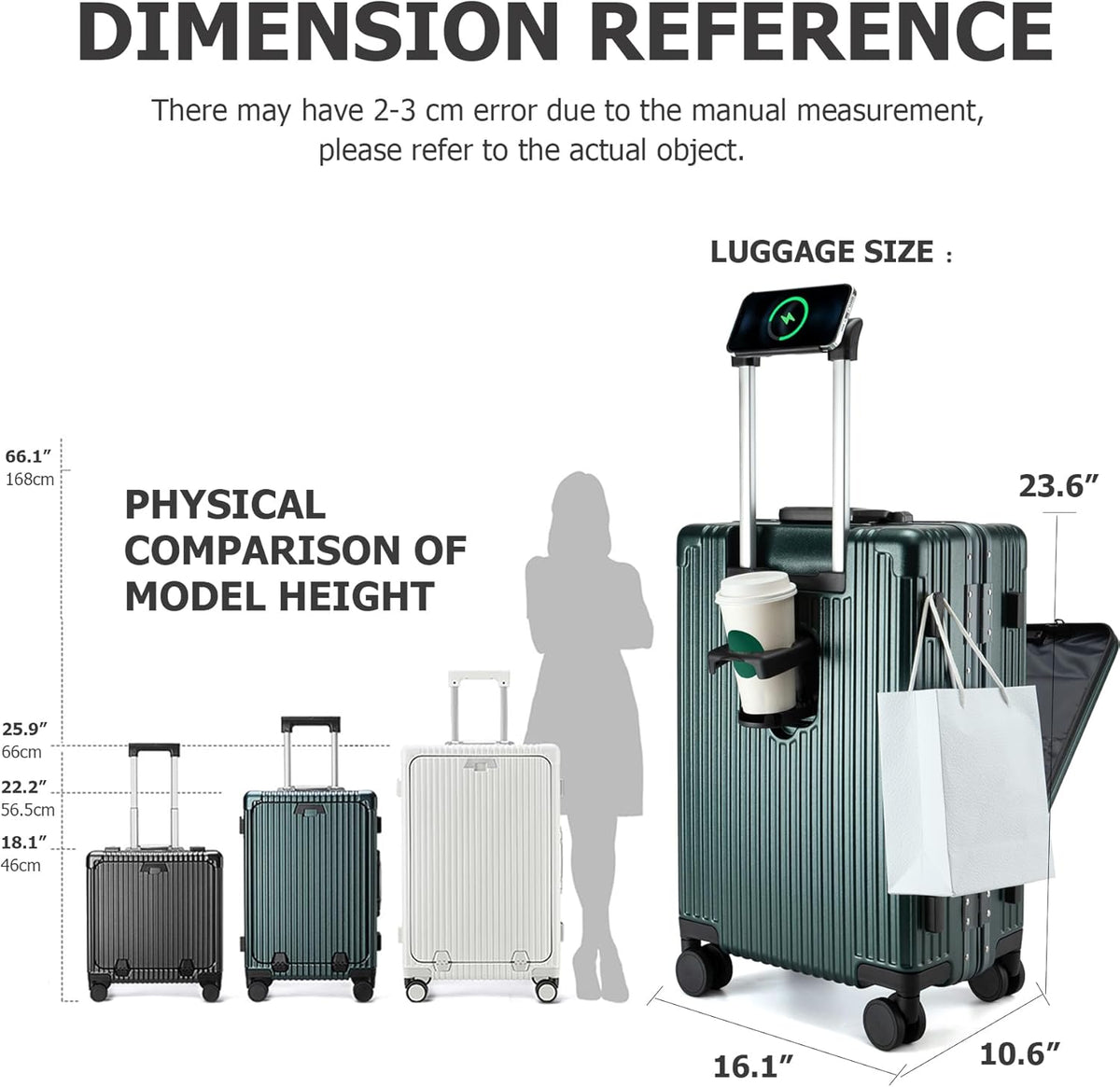 feilario 24in Aluminium Frame PC Hard Shell Spinner Wheels Luggage, Built-In TSA lock Carry on Suitcase, with Cup Holder, USB Port, Phone Holder