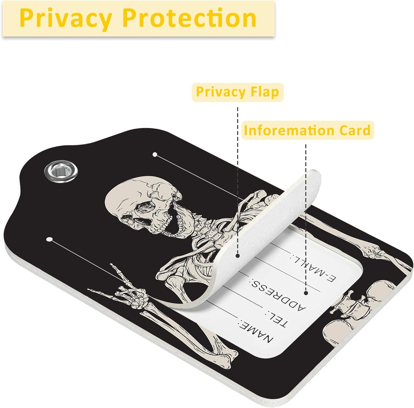 2 Pack Luggage Tag for Suitcase,Human Skeleton PU Leather Suitcase Tags Identifiers with Privacy Name Address Labels and Durable Steel Loop for Women Men Travel