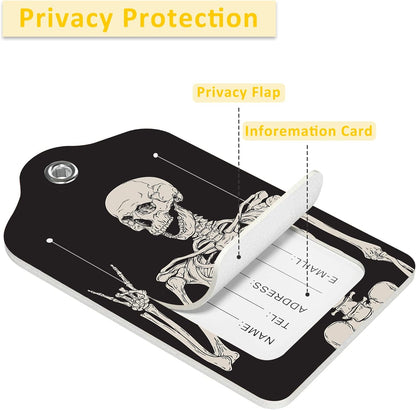 2 Pack Luggage Tag for Suitcase,Human Skeleton PU Leather Suitcase Tags Identifiers with Privacy Name Address Labels and Durable Steel Loop for Women Men Travel