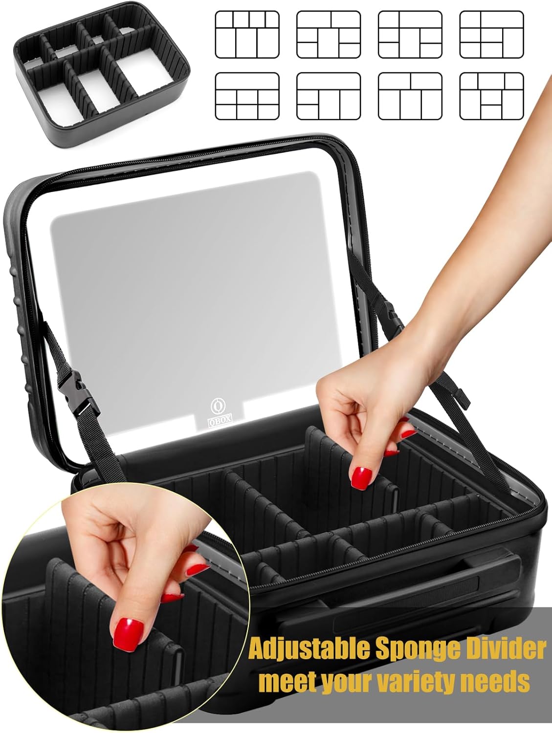 Kalolary Travel Makeup Train Cases,Makeup Bag with 3 Color Lighted Mirror Cosmetic Case Organizer Bag with Adjustable Dividers & Shoulder Strap 3 Layer Portable Makeup Storage Box for Women,Black